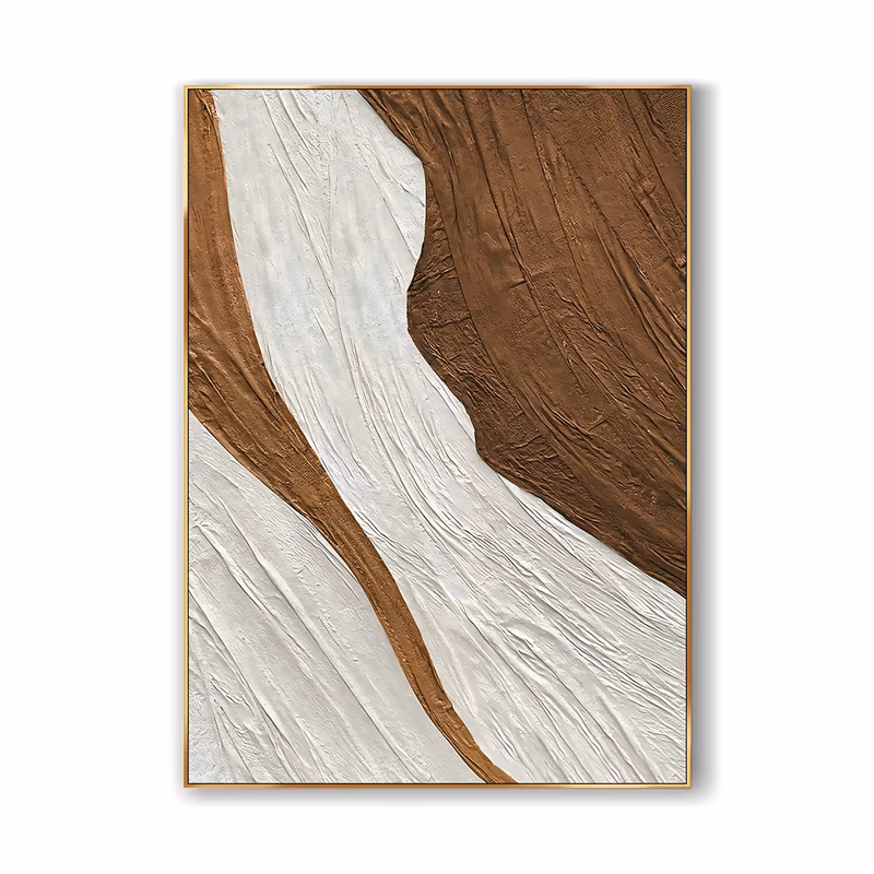 a large vertical wabi-sabi plaster painting of two sweeping cream white bands curving between fields of chestnut brown, the whole surface finished in fine wrinkled relief like creased fabric