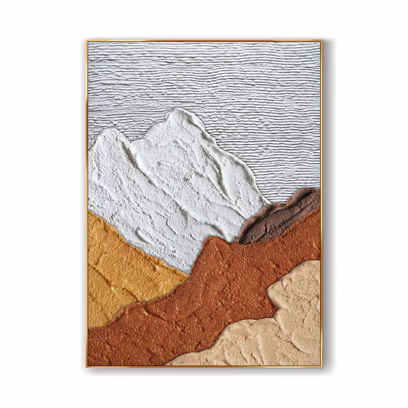 a tall vertical plaster relief painting of stacked mountain forms, a chalky white peak overlapping bands of rust terracotta, ochre and pale beige, all built in thick raised paste under a combed white sky