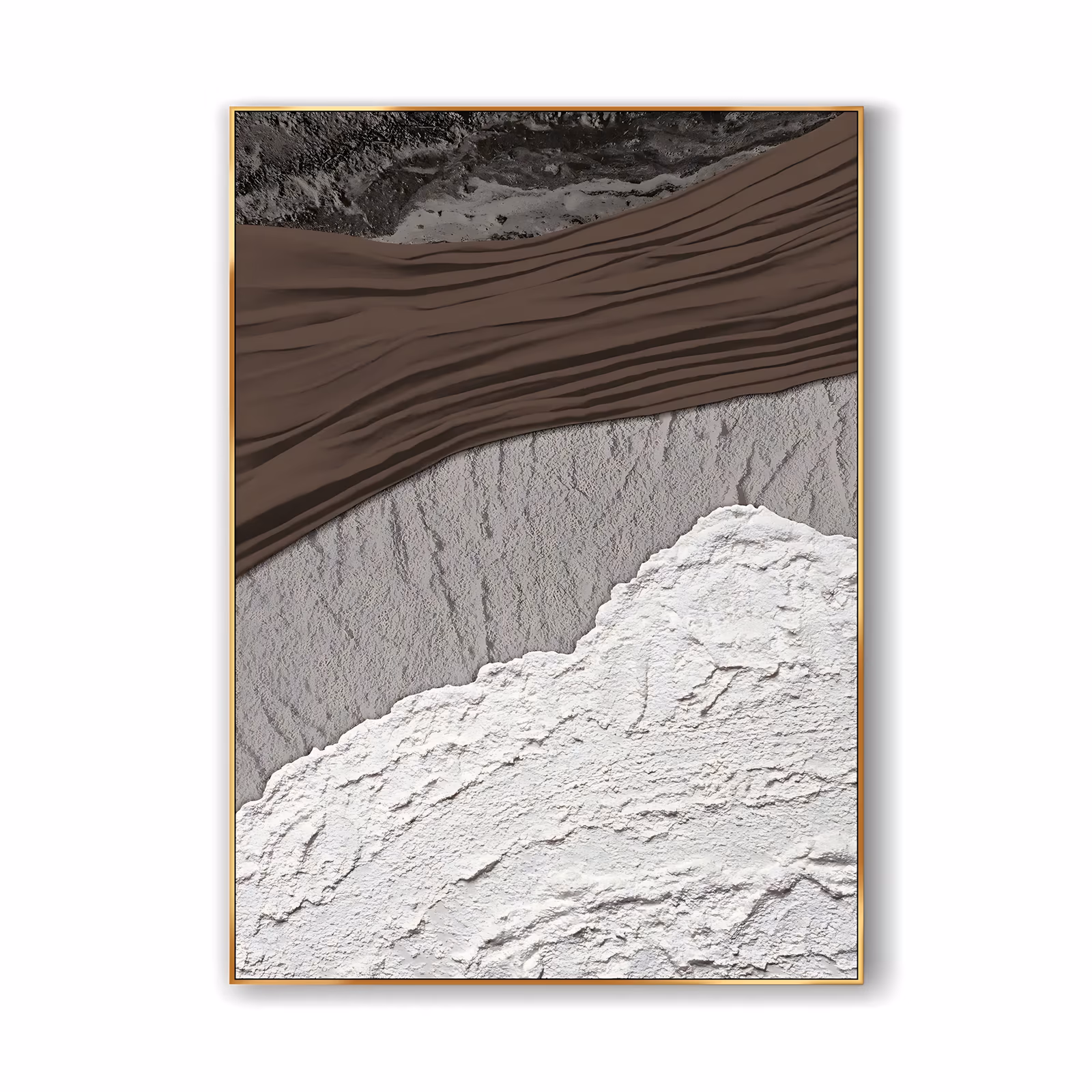 a large vertical relief painting of an aerial shoreline, dark chocolate brown sand ridged by wind at the top meeting a raised bank of chalk white foam below, in thick sculpted plaster