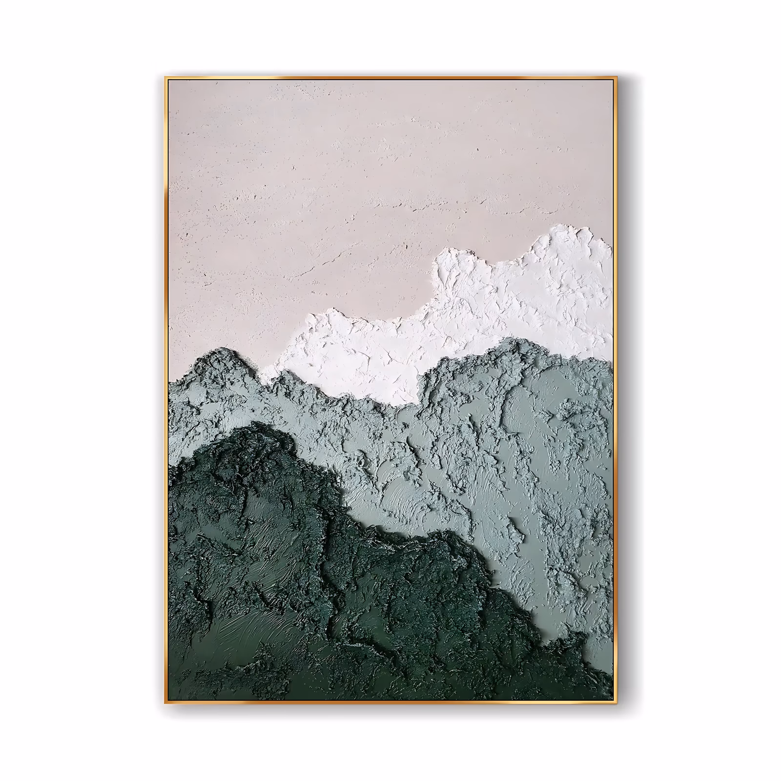 a large vertical wabi-sabi plaster relief of layered mountain ridges, deep green in front, sage green behind, a band of white snow along the crest and a dusty pink sky above, in thick troweled plaster