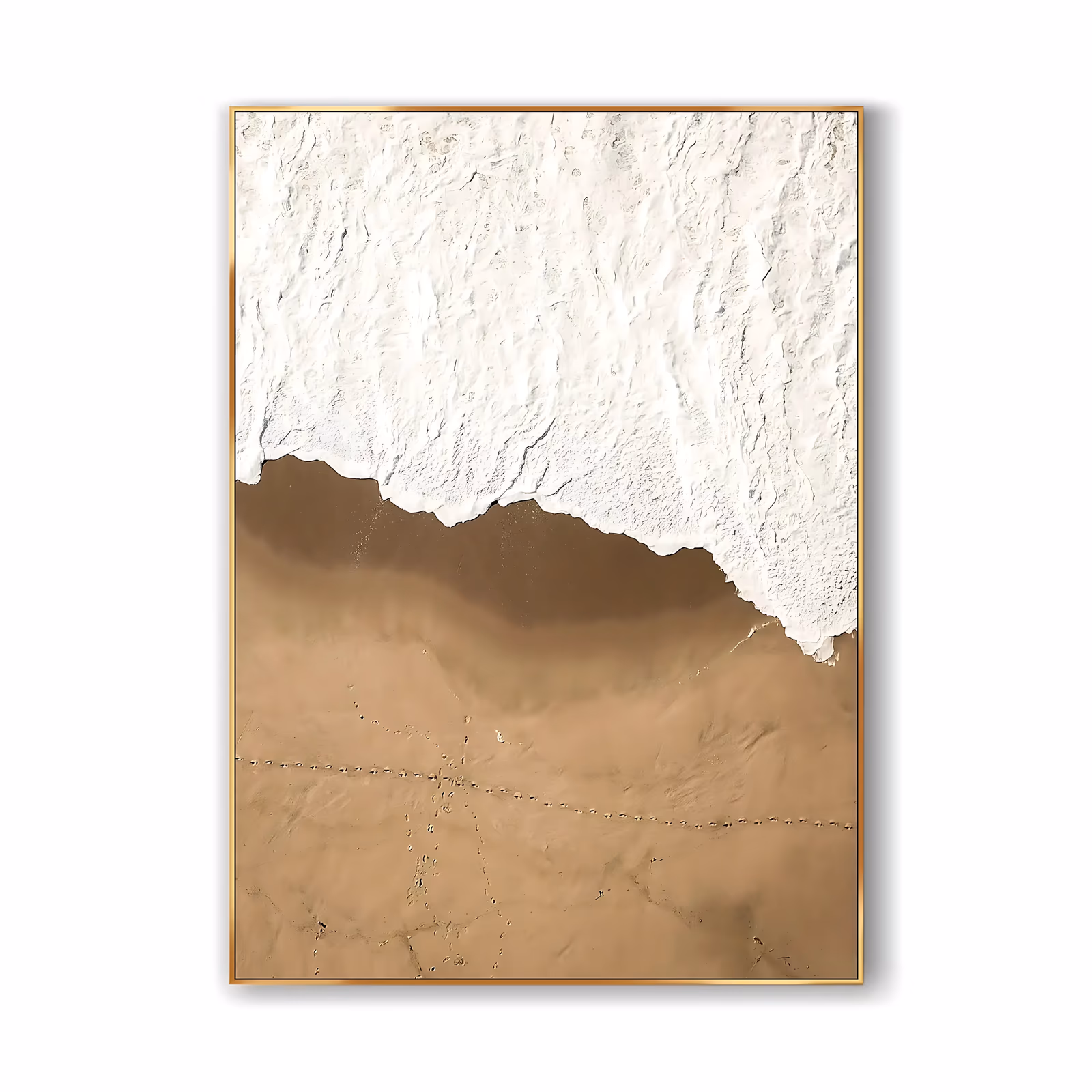 a large vertical textured painting of a beach seen from above, thick white relief foam curving along the top two thirds and meeting smooth tan sand below marked with faint bird tracks, in heavy sculpted plaster