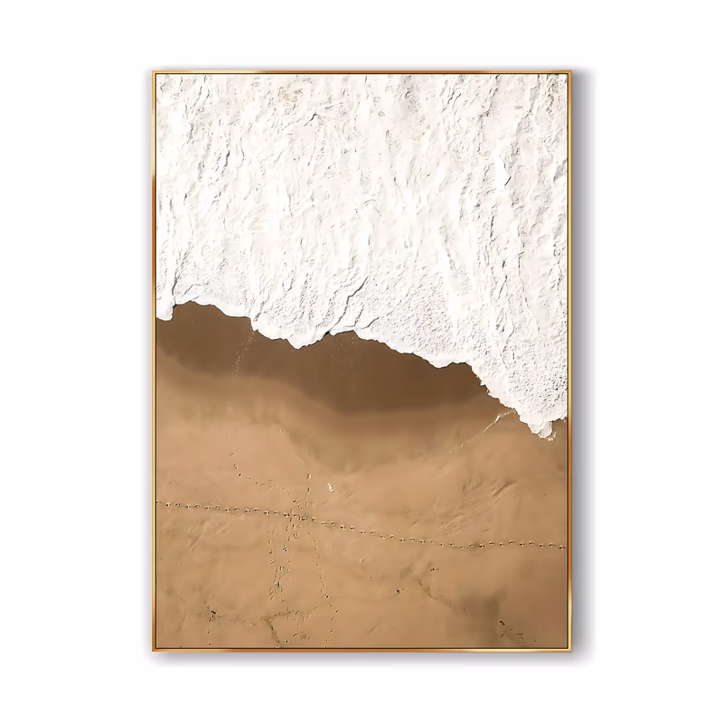 a large vertical textured painting of a beach seen from above, thick white relief foam curving along the top two thirds and meeting smooth tan sand below marked with faint bird tracks, in heavy sculpted plaster