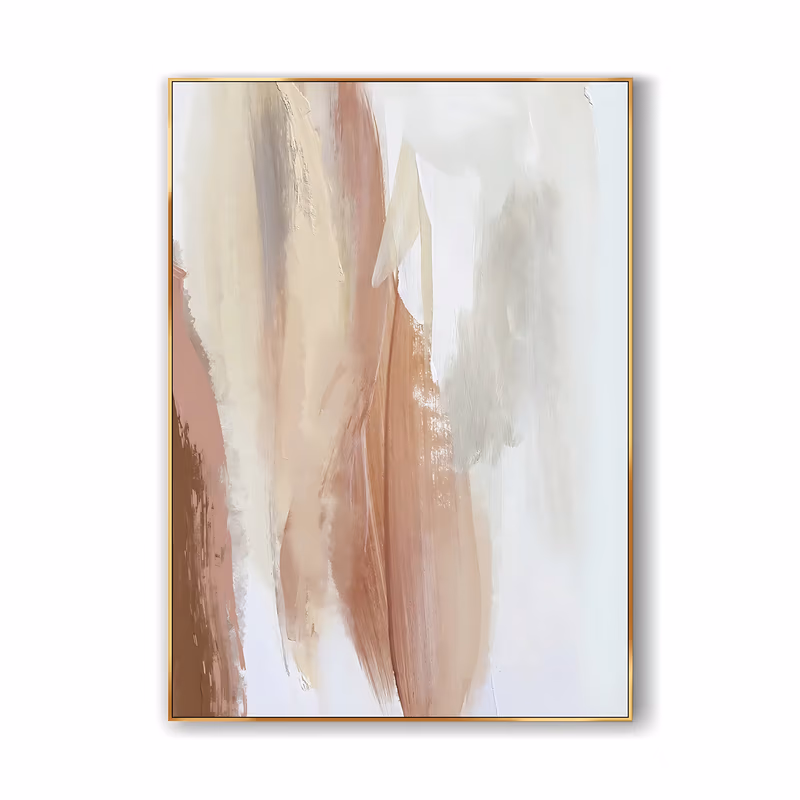 a large vertical wabi-sabi painting of soft blush pink, terracotta and cream brushstrokes sweeping down a white ground, with a pale sage shadow on the right, hand-painted in thinned acrylic