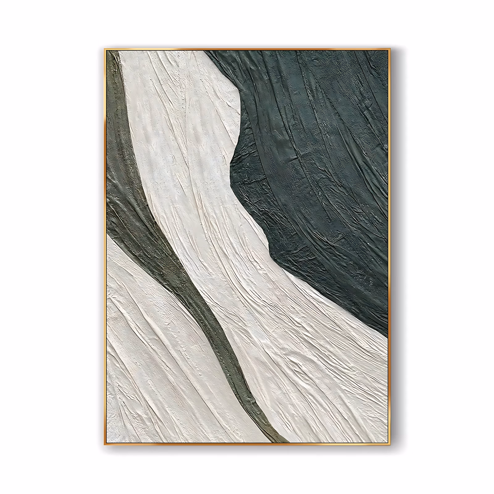 a large vertical textured abstract wall art of sculpted drapery folds, a wide cream band curving between deep forest green fields, every crease and wrinkle raised in real plaster relief