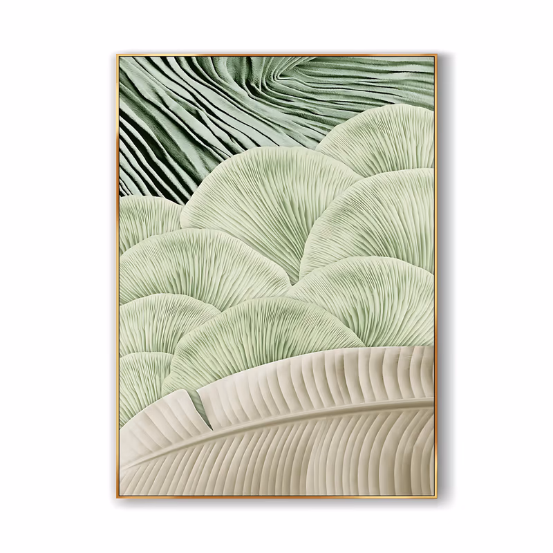 a tall framed relief painting of overlapping pale sage fan shapes with fine radiating ribs, dark green combed ridges in the top corner and a broad cream banana leaf along the base, sculpted in raised plaster