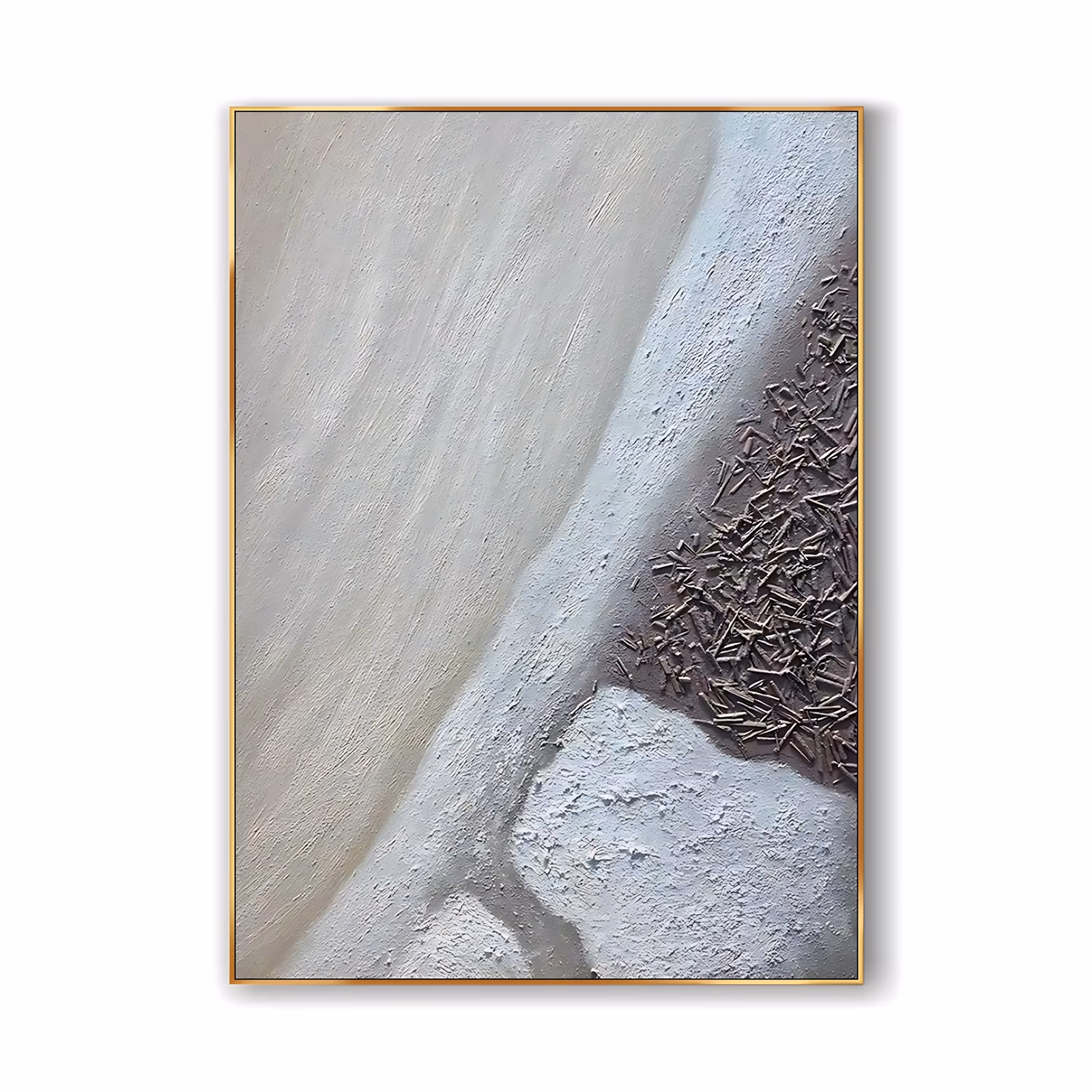 a large vertical relief painting of a pale sand dune, a smooth cream slope curving down the left side against a chalk white ridge, with a dense cluster of small raised taupe chips at the right, in gritty sand plaster