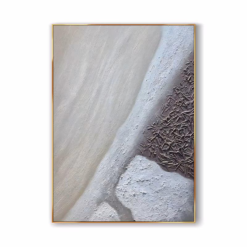 a large vertical relief painting of a pale sand dune, a smooth cream slope curving down the left side against a chalk white ridge, with a dense cluster of small raised taupe chips at the right, in gritty sand plaster