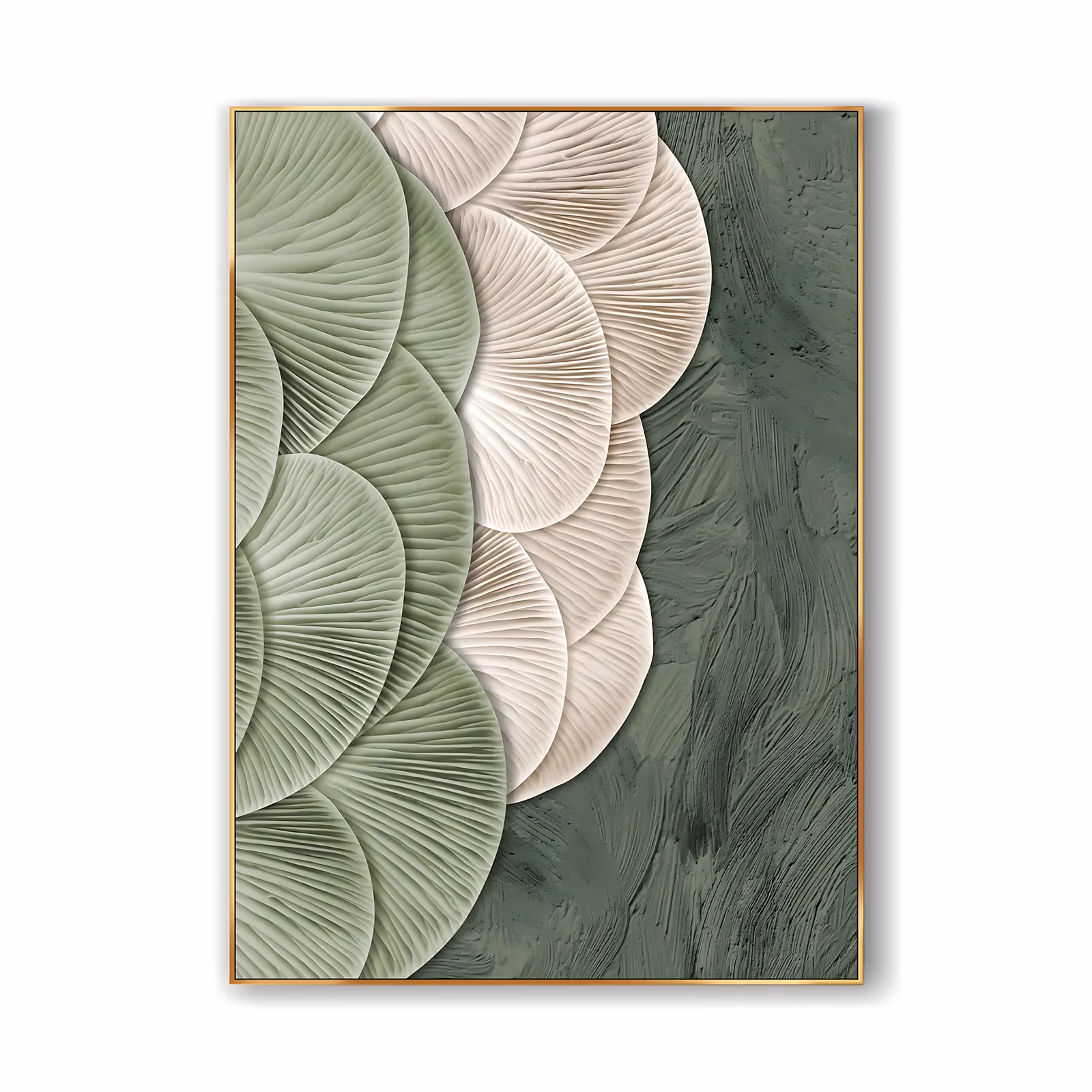 a large vertical textured abstract painting of overlapping fan-shaped shells in sage green and cream stacked down the left side, set against a dark green field, sculpted in fine ribbed relief