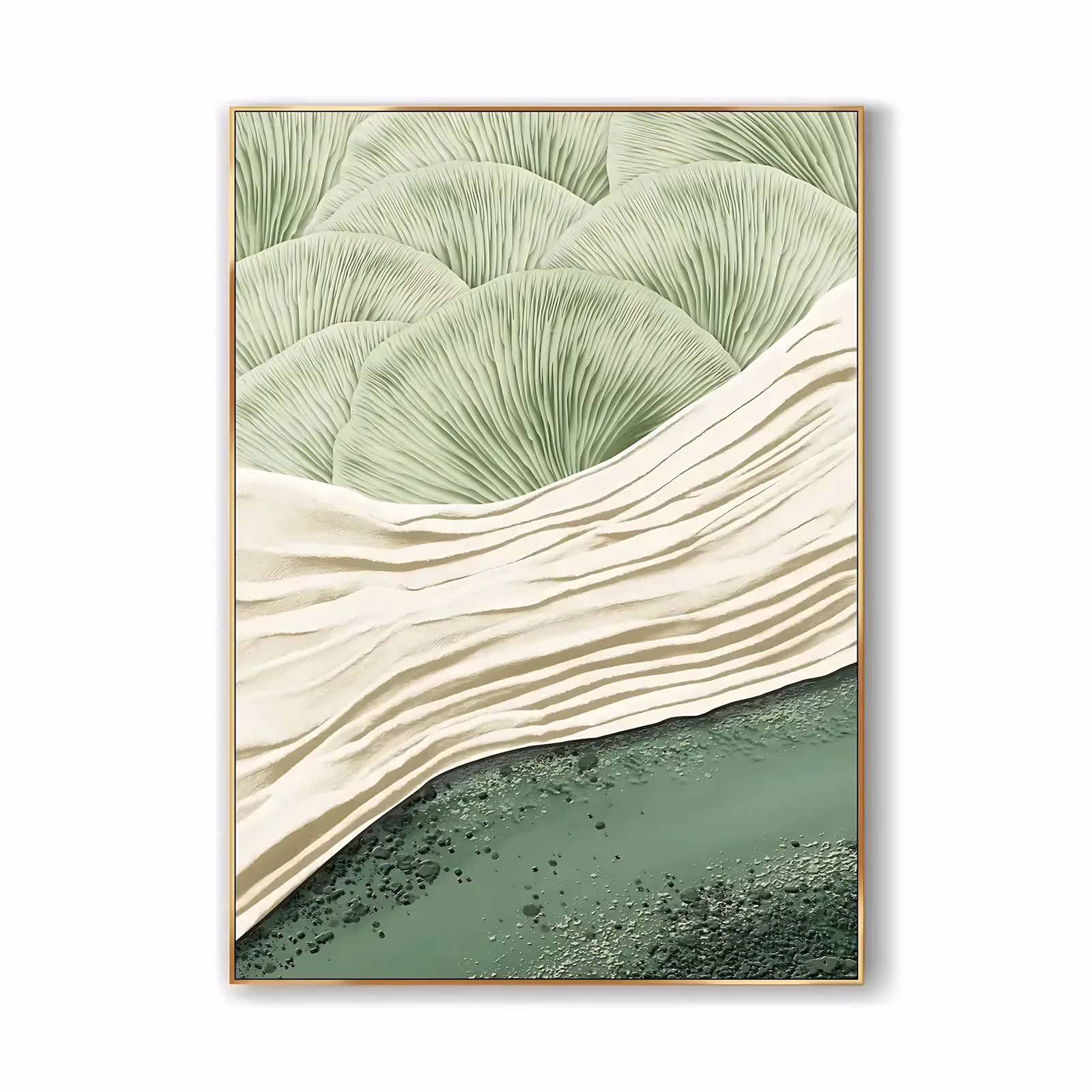 a tall framed relief painting of pale sage fan shells layered along the top, a thick ridged cream wave running diagonally through the middle and a deep green speckled field below, sculpted in raised plaster