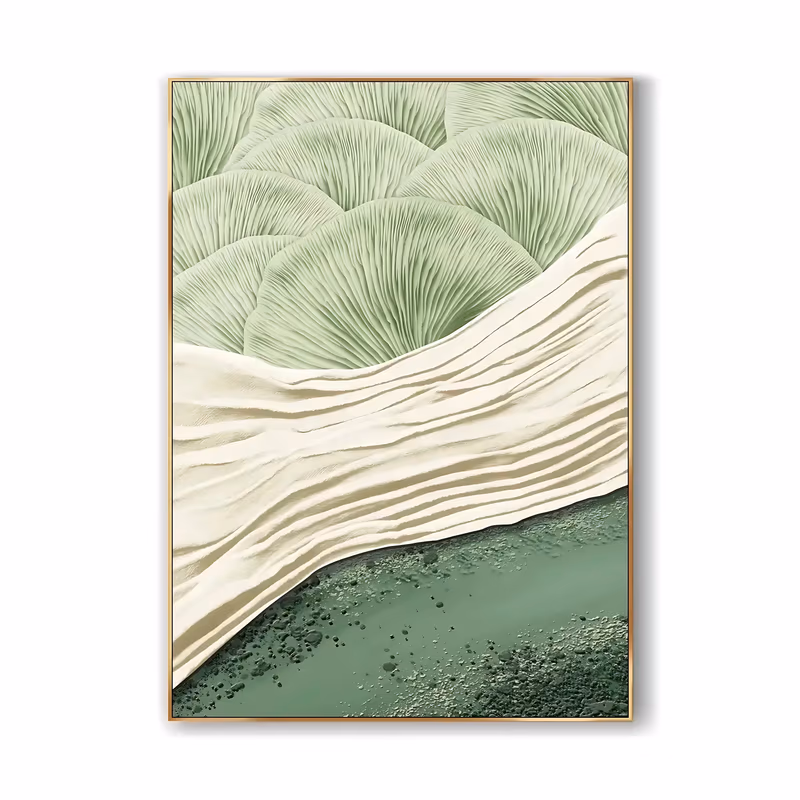 a tall framed relief painting of pale sage fan shells layered along the top, a thick ridged cream wave running diagonally through the middle and a deep green speckled field below, sculpted in raised plaster
