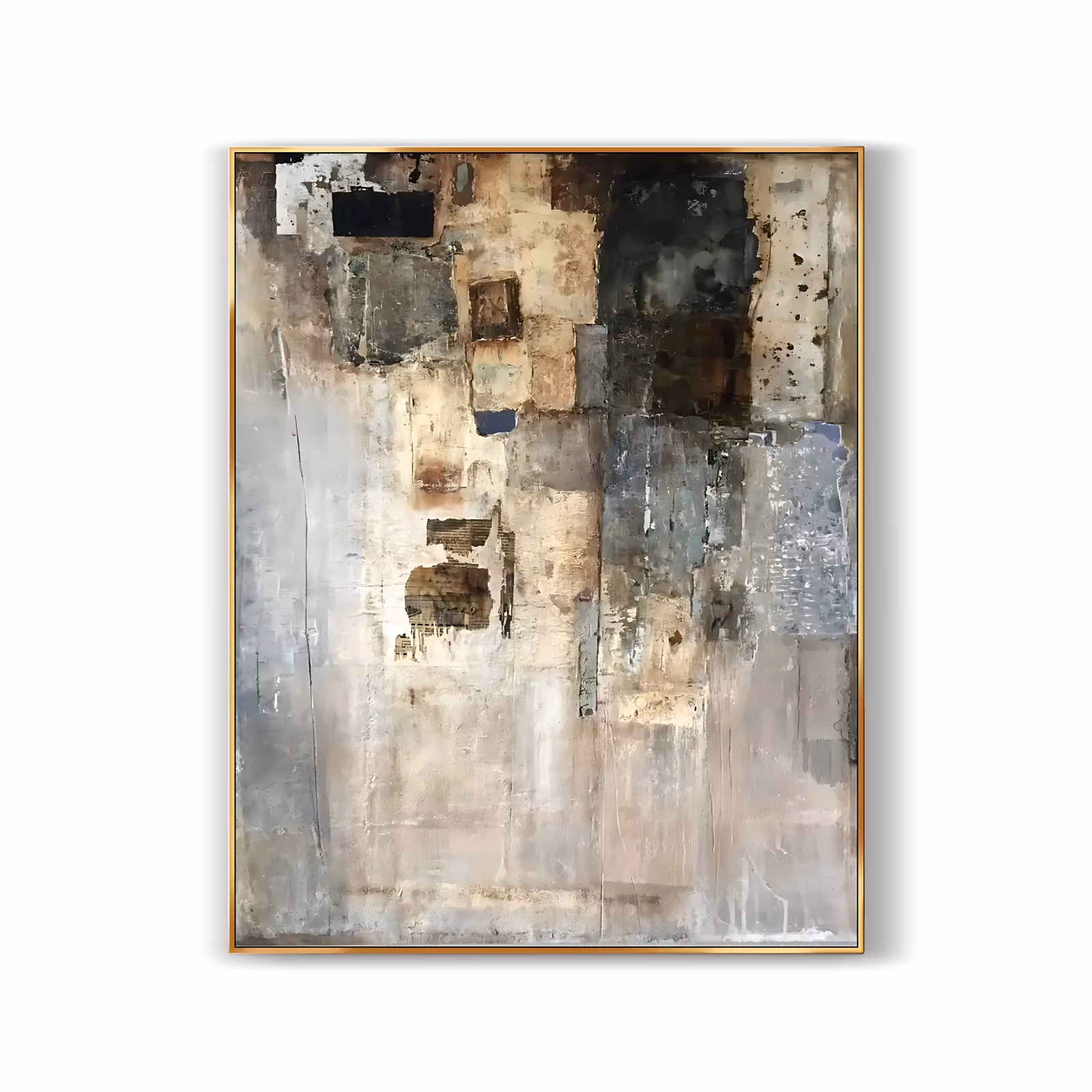 a large vertical wabi-sabi painting of patched rectangles in ochre, slate gray and charcoal layered over the upper half, dissolving into a pale scuffed plaster ground below, in built-up impasto and knife work
