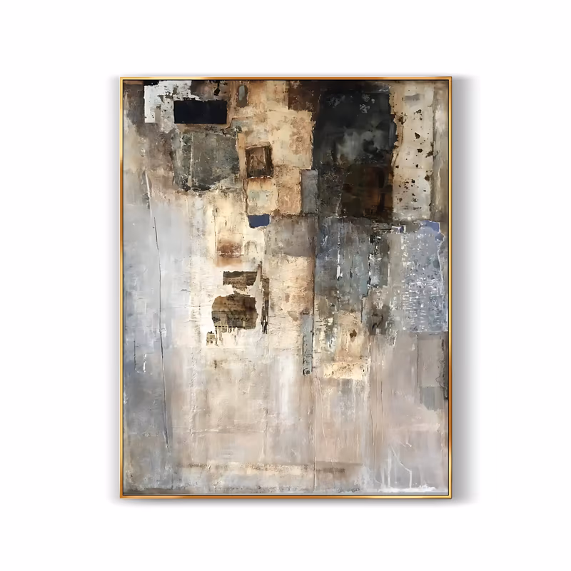 a large vertical wabi-sabi painting of patched rectangles in ochre, slate gray and charcoal layered over the upper half, dissolving into a pale scuffed plaster ground below, in built-up impasto and knife work