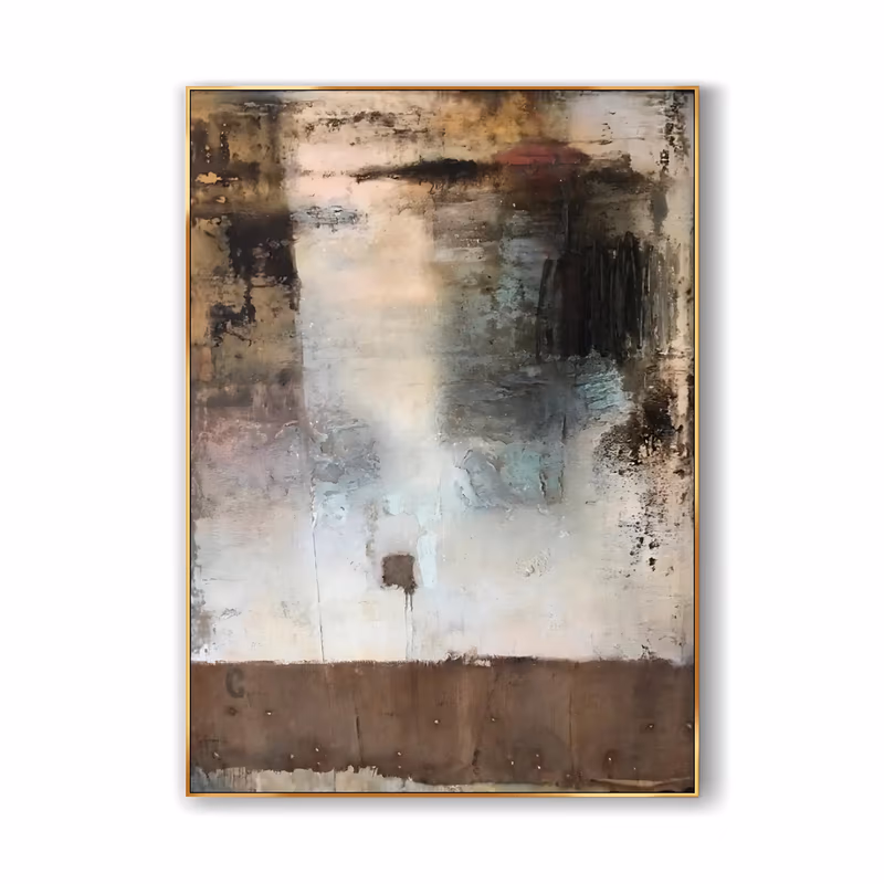 a large vertical wabi-sabi painting of a peeling wall in weathered brown, rust and pale blue layers, with a dark riveted band along the bottom edge, in scraped crusted impasto
