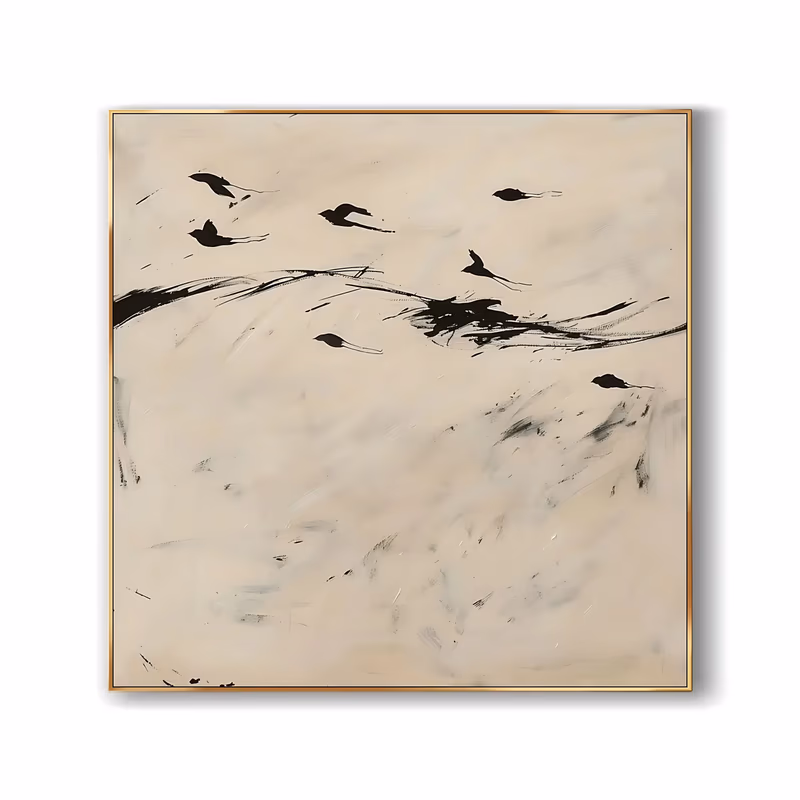 a square minimalist painting of eight small black birds in flight over a wide cream field, a single dark ink sweep running through the middle of the frame, in thin dry brushwork