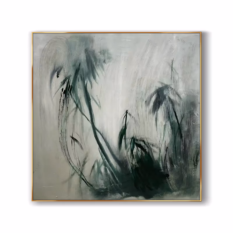 a square wabi-sabi painting of ink style bamboo and reed grasses in dark green rising from the lower center of a soft sage gray ground, brushed in thinned oil with dry drag marks