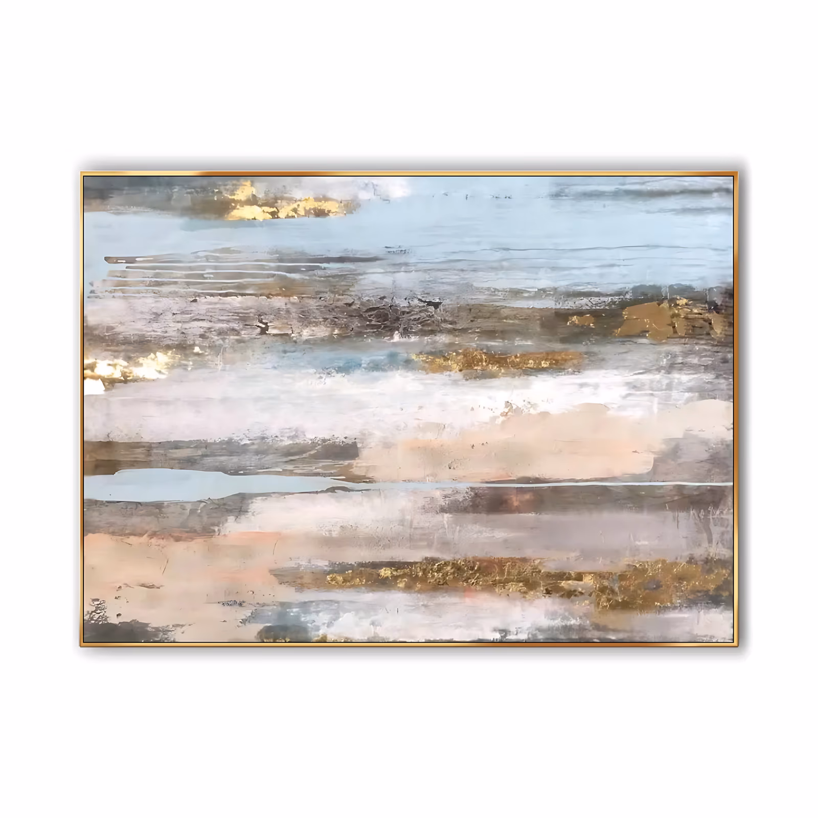 a wide horizontal abstract painting of stacked weathered strata in pale blue, blush pink, gray and white, with torn patches of gold leaf along the bands, in layered impasto and scraped paint