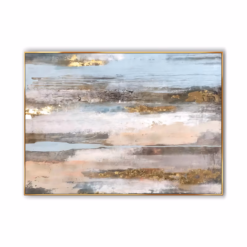 a wide horizontal abstract painting of stacked weathered strata in pale blue, blush pink, gray and white, with torn patches of gold leaf along the bands, in layered impasto and scraped paint