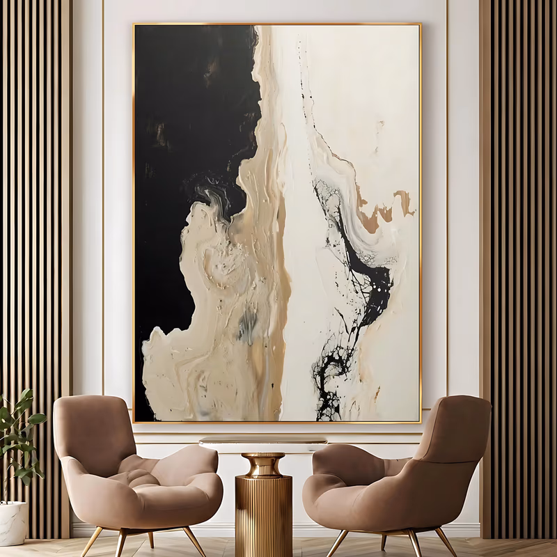 a large vertical abstract painting split between a matte black field on the left and a cream and sand pour on the right, with fine black ink veining branching through the pale side, in ridged impasto