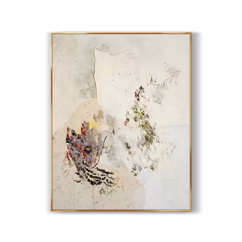 a large vertical wabi-sabi painting of faintly sketched wildflowers, a dull red bloom cluster low on the left and olive green foliage on the right, on a chalky cream field, in thin scraped paint