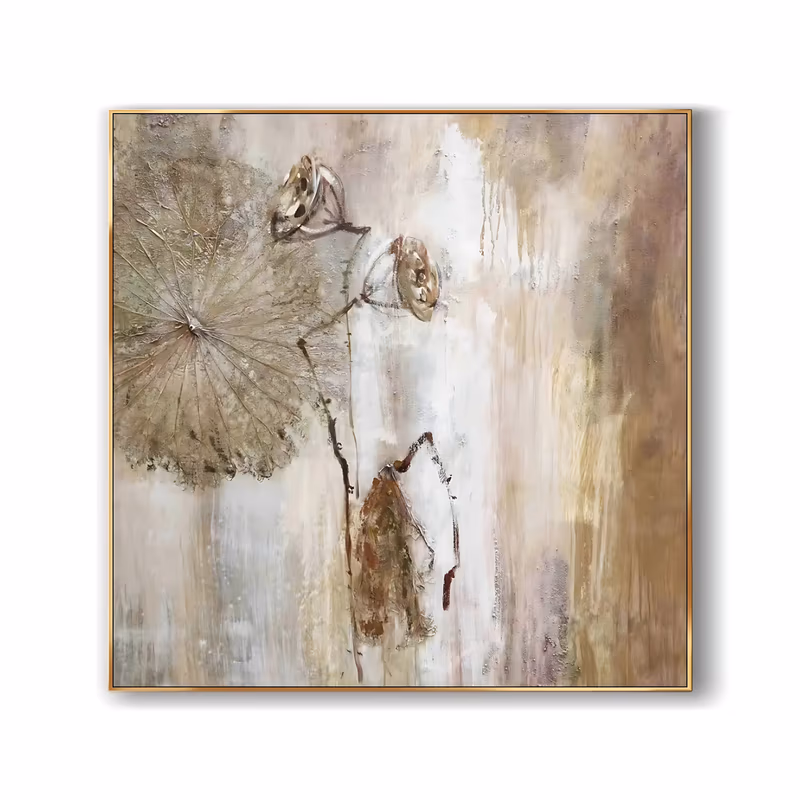 a square wabi-sabi painting of a large withered lotus leaf at the upper left with two dry seed pods and a rust brown drooping leaf below, on a washed beige and gold ground, in textured mixed media