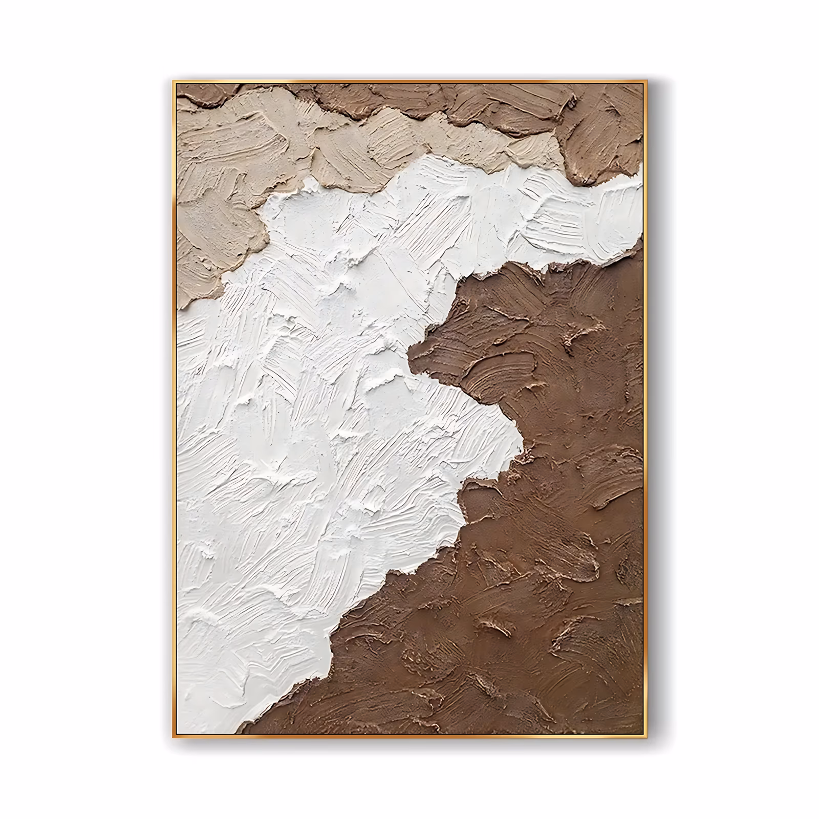 a large vertical textured abstract painting of three troweled fields, warm sand beige at the top, a stippled white center and a broad chocolate brown mass down the right side, in thick plaster