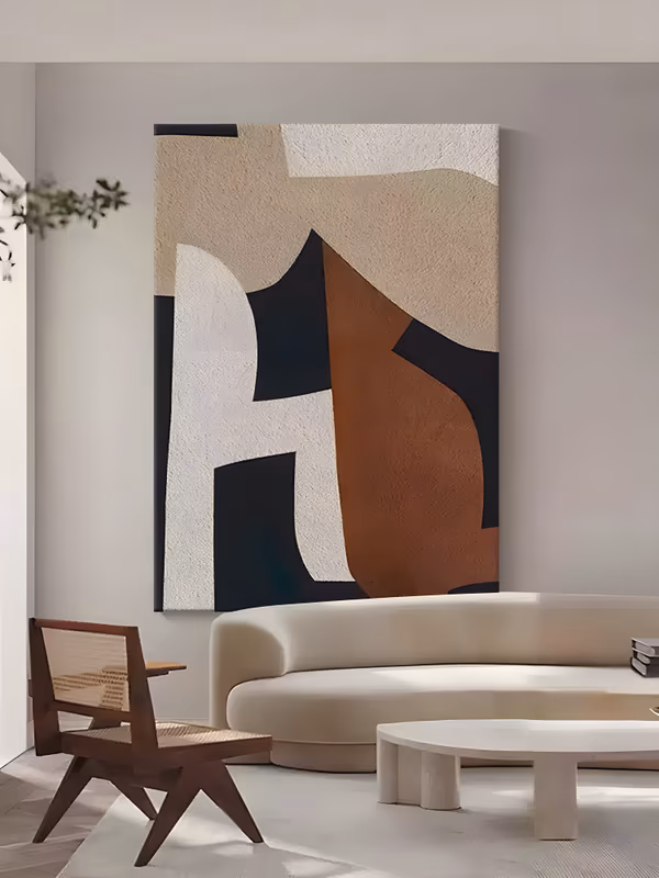 a large vertical abstract painting of interlocking curved and angular shapes in sand beige, chalky white, rust brown and near-black, stacked up the canvas, in a gritty sand-textured plaster surface