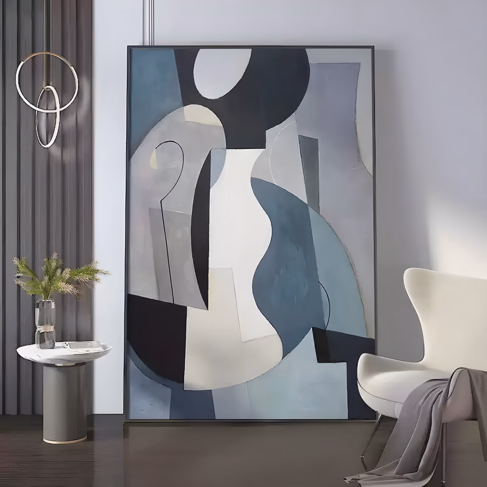 a large vertical cubist painting of interlocking curved and angular shapes in navy, slate blue, warm gray, black and cream, hand-painted flat with soft dry-brush edges and a chalky matte surface