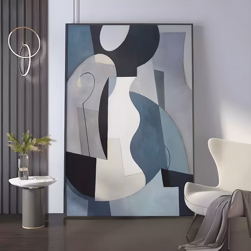 a large vertical cubist painting of interlocking curved and angular shapes in navy, slate blue, warm gray, black and cream, hand-painted flat with soft dry-brush edges and a chalky matte surface