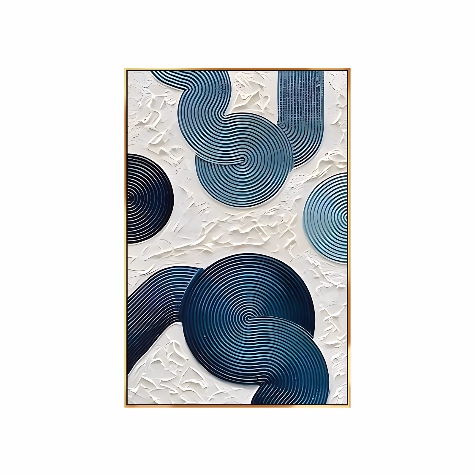 a large vertical textured abstract canvas of concentric teal and navy spiral rings raised in relief on a rough white plaster ground, four rings overlapping in the upper and lower halves