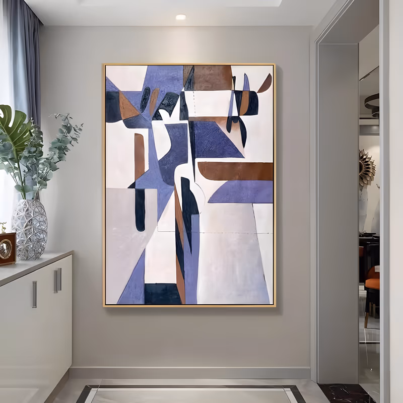 a large vertical cubist abstract painting of interlocking periwinkle, navy, terracotta brown and cream shapes stacked over the full canvas, with soft edges and a matte hand-painted surface