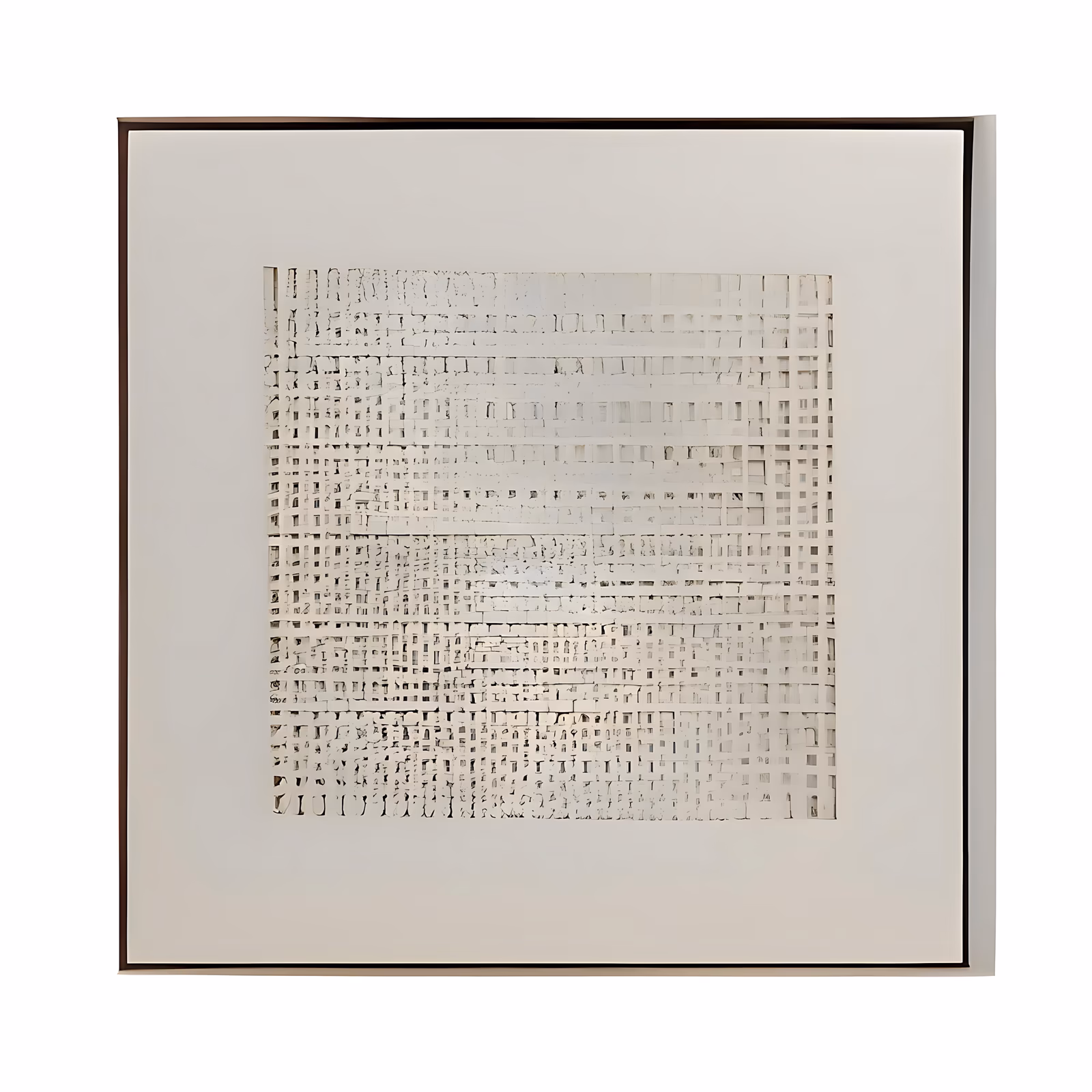 a square minimalist relief painting with a centered block of woven, stitched-looking plaster grid in cream and beige, raised threads casting small shadows on a plain cream border, in sculpted 3d texture