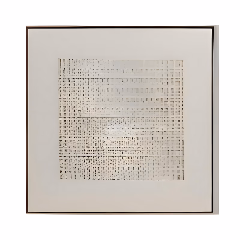a square minimalist relief painting with a centered block of woven, stitched-looking plaster grid in cream and beige, raised threads casting small shadows on a plain cream border, in sculpted 3d texture