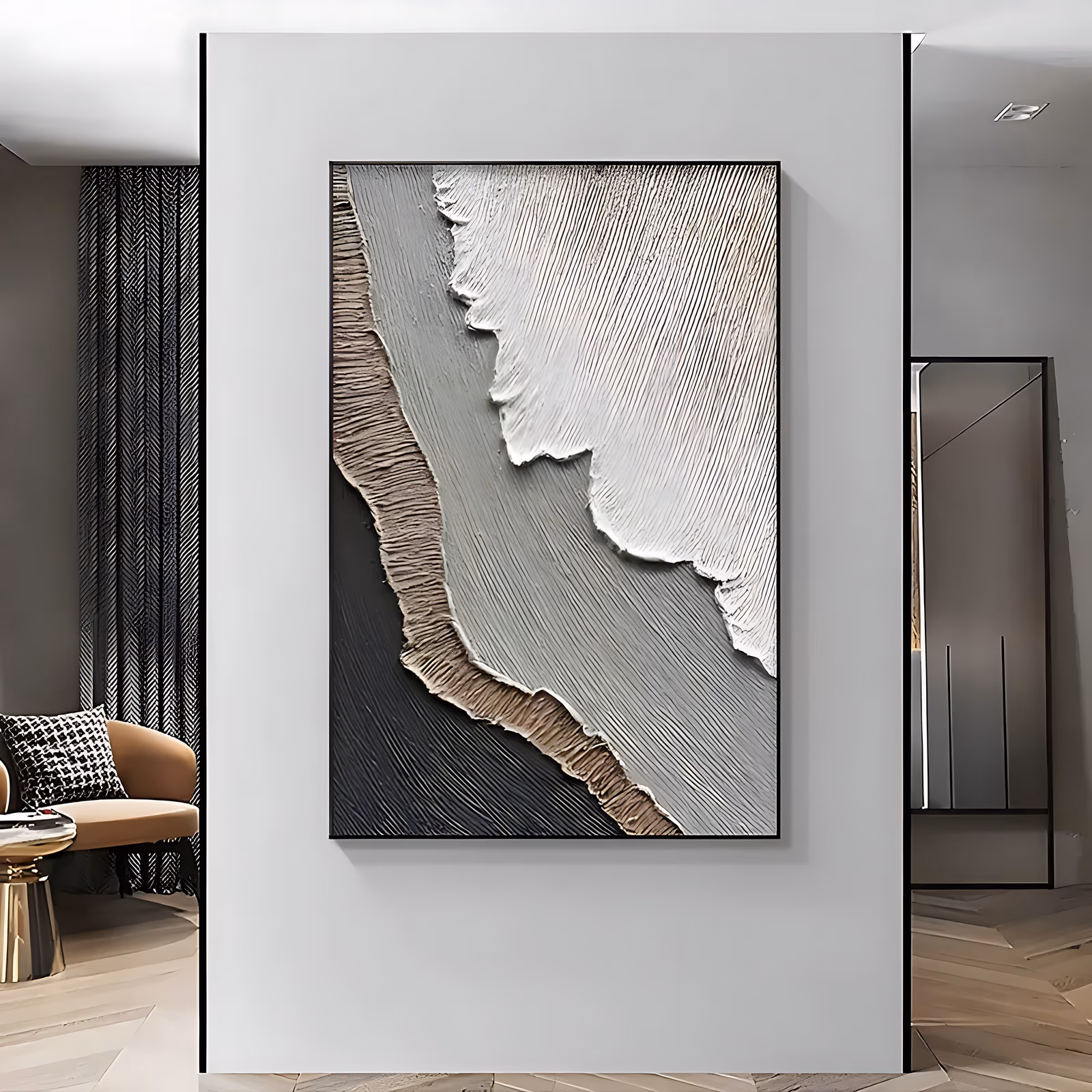 a large vertical textured painting of diagonal sculpted plaster bands in white, warm taupe and black stepping down the canvas like a shoreline, combed with fine ridges in raised relief