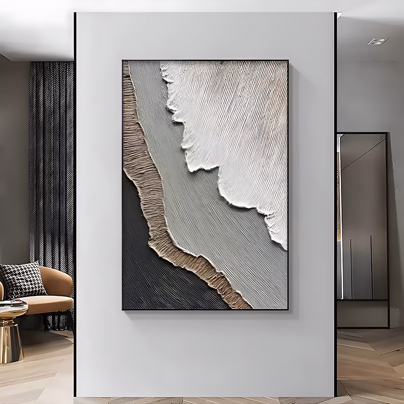 a large vertical textured painting of diagonal sculpted plaster bands in white, warm taupe and black stepping down the canvas like a shoreline, combed with fine ridges in raised relief