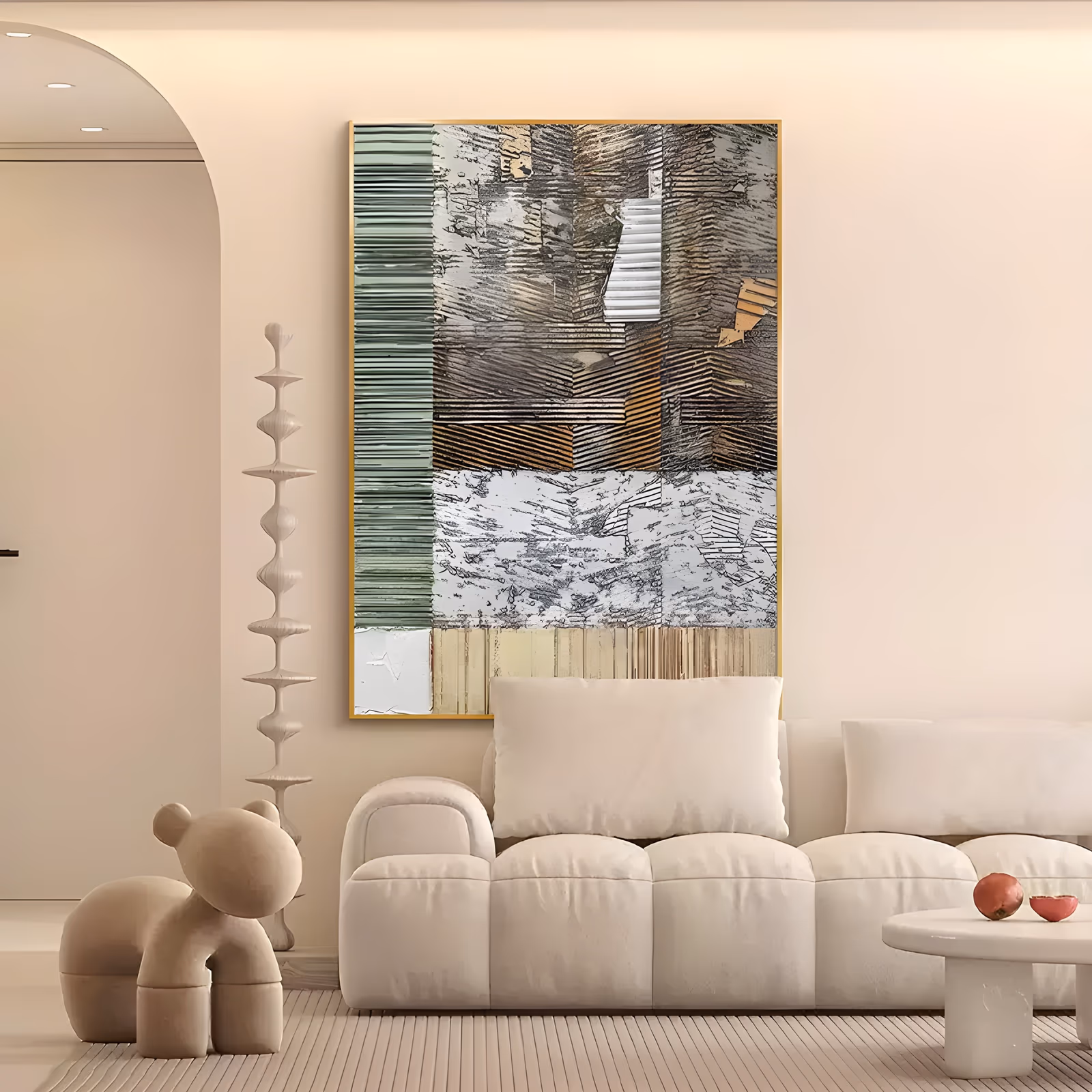 a large vertical textured relief artwork of weathered ribbed panels in sage green, rust orange, dark brown, white, and beige arranged in a collage grid, with a mottled white block in the lower half, in sculpted plaster