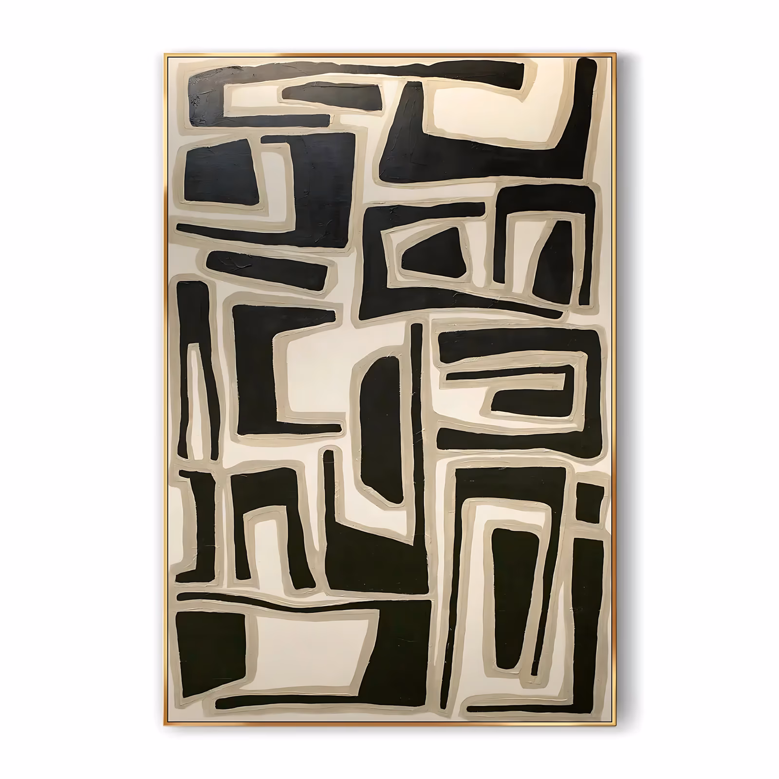a large vertical abstract painting of blocky black maze-like shapes, each edged with a beige outline channel, packed over a cream ground in an interlocking all-over grid, in flat hand-painted acrylic