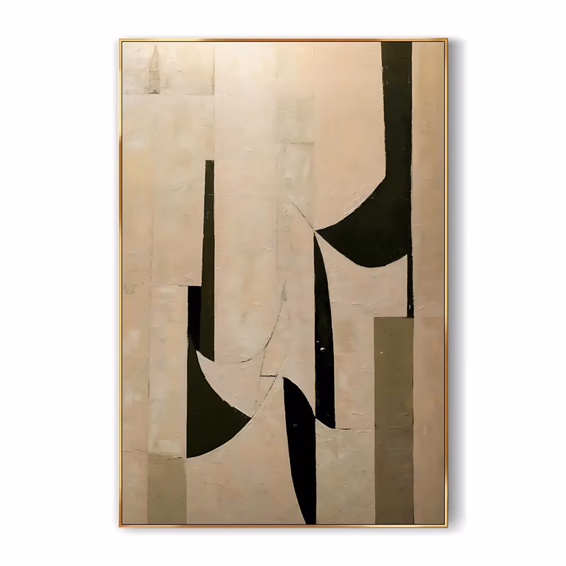 a large vertical abstract painting of tall cream and taupe panels crossed by dark olive-black curved wedges that hook and taper down the middle of the canvas, in flat matte hand-painted color