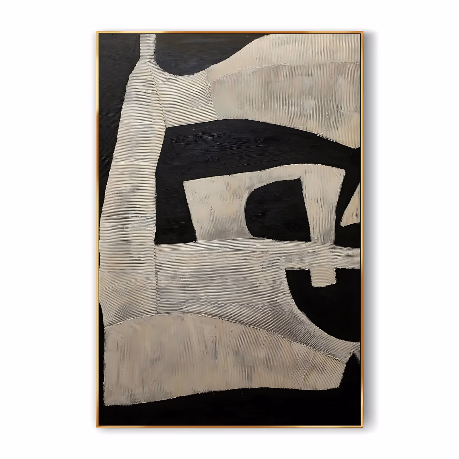 a large vertical abstract painting of broad beige and cream plaster shapes, their surfaces raked into fine horizontal combing, curving and locking against flat black fields, in built-up textured relief