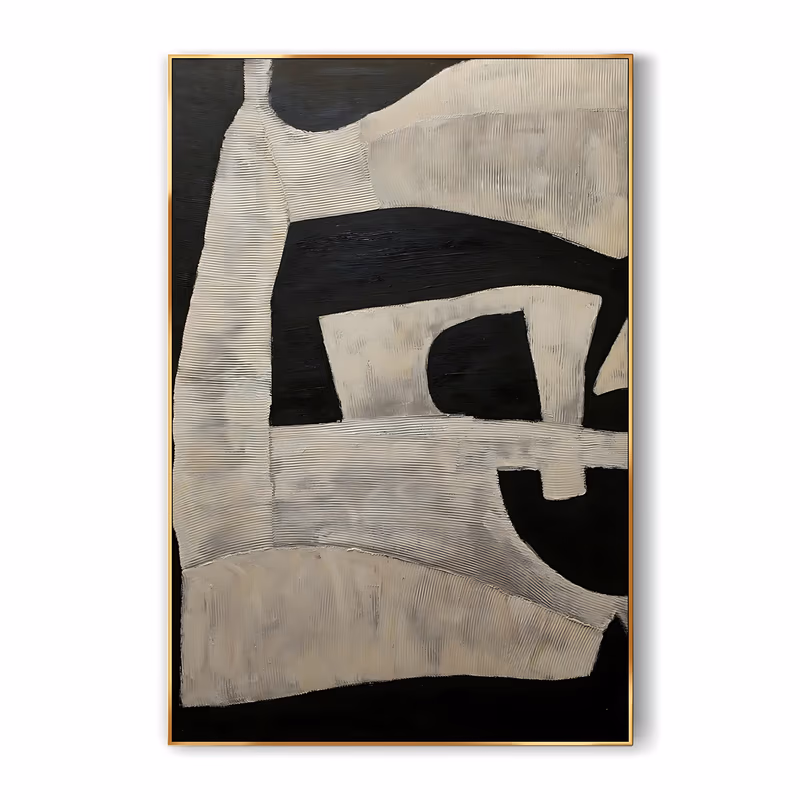 a large vertical abstract painting of broad beige and cream plaster shapes, their surfaces raked into fine horizontal combing, curving and locking against flat black fields, in built-up textured relief