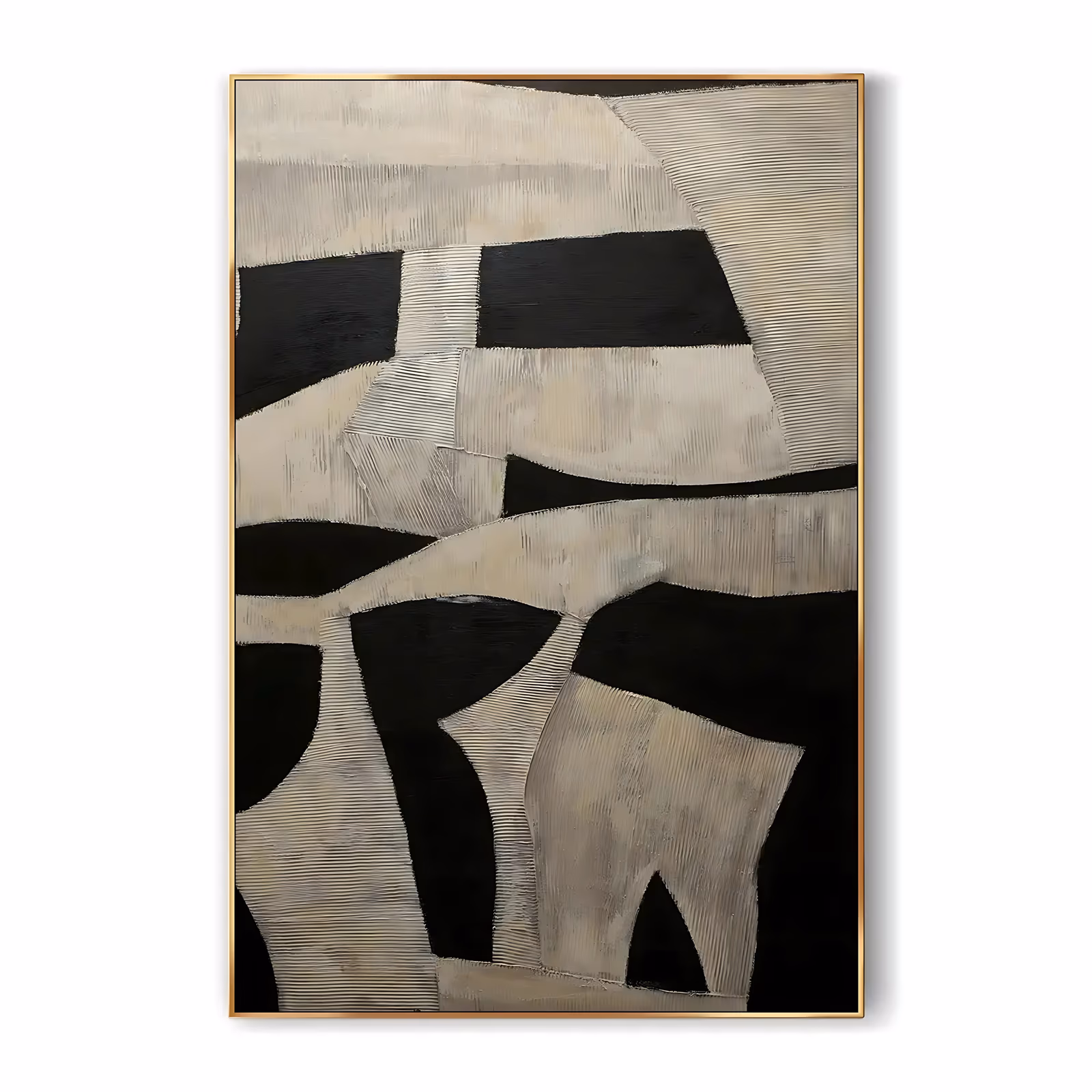 a large vertical abstract painting of interlocking beige and cream plaster shapes raked with fine combed lines, wedged between solid black bands that run from the top edge to the base, in heavy textured paint