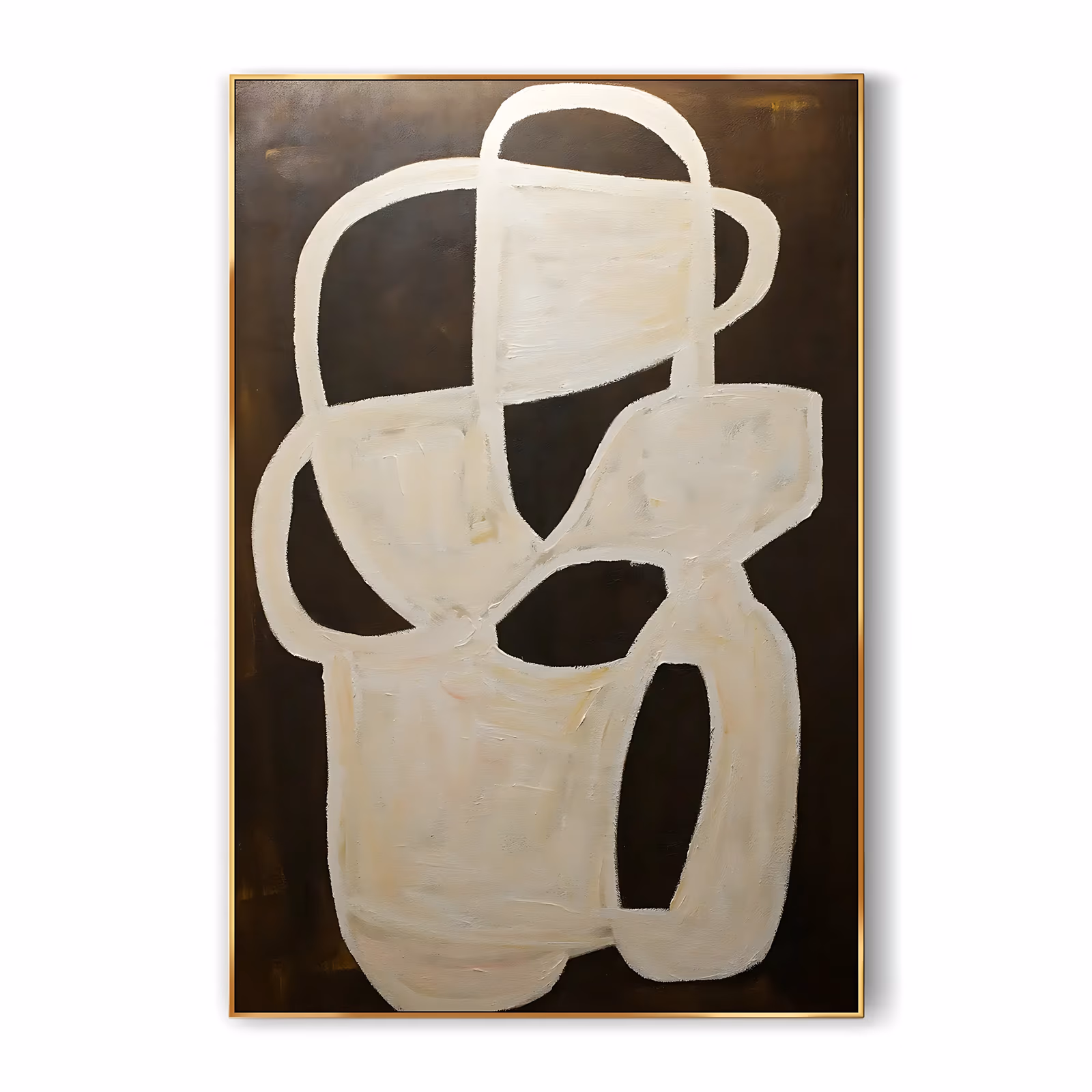 a large vertical minimalist painting of stacked cream and ivory loops and rounded vessel shapes filling the center of a deep brown ground, brushed on in flat brushed acrylic