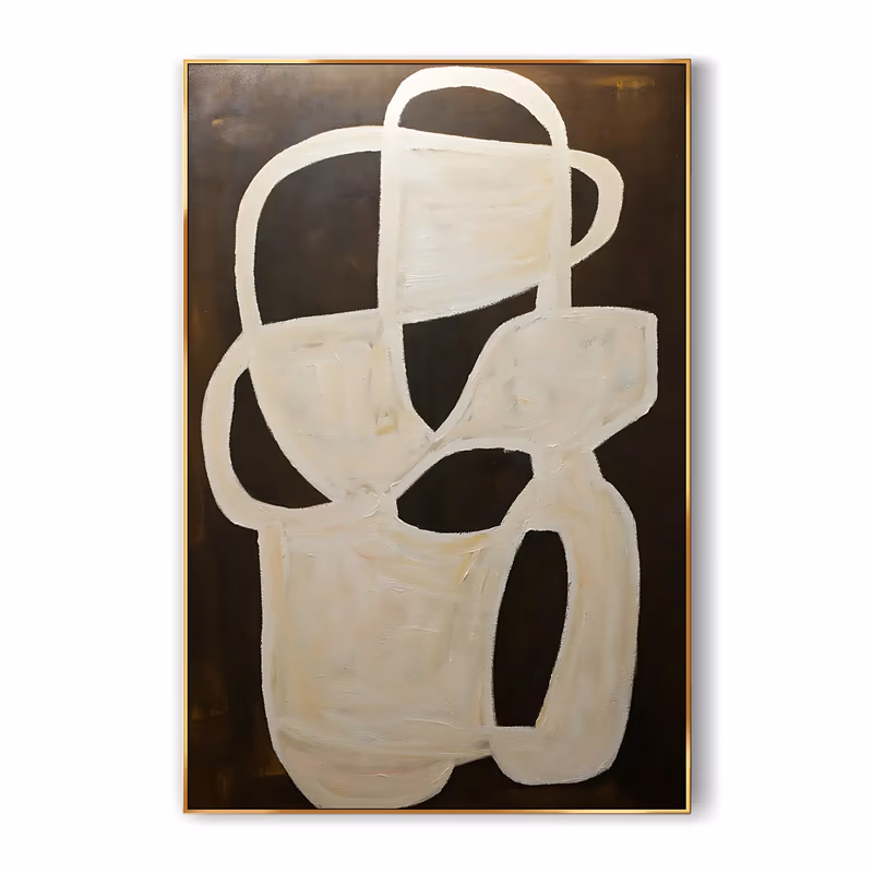 a large vertical minimalist painting of stacked cream and ivory loops and rounded vessel shapes filling the center of a deep brown ground, brushed on in flat brushed acrylic