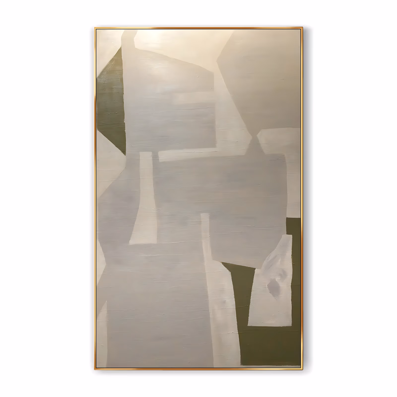 a large vertical minimalist painting of overlapping flat greige and cream geometric planes with dark olive wedges in the upper left and lower right corners, in dry matte hand-painted acrylic