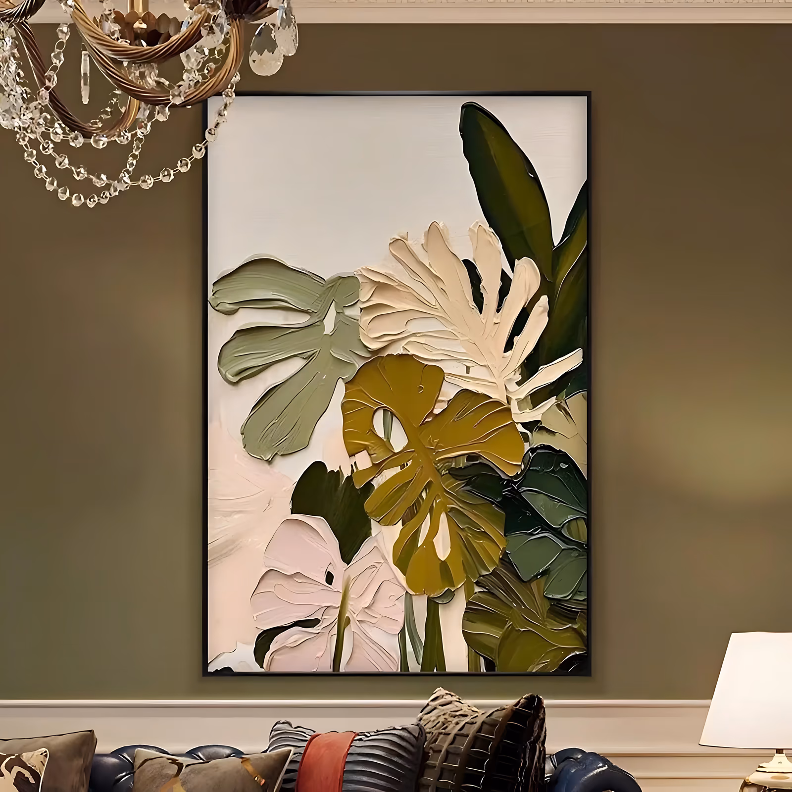 a large vertical impasto painting of overlapping monstera and banana leaves in sage, olive gold, deep green and pale pink, rising from the lower right over a cream ground, in thick palette-knife strokes