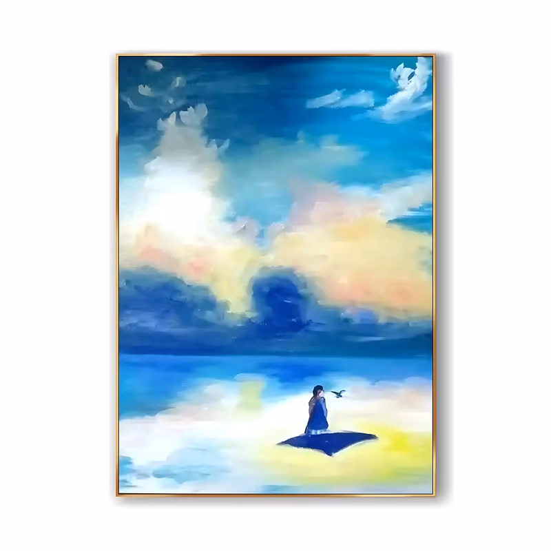 a tall impressionist painting of a small figure in blue seated on a dark shape at the shoreline with a bird beside her, beneath a vast blue sky of white and cream clouds, in soft blended oil
