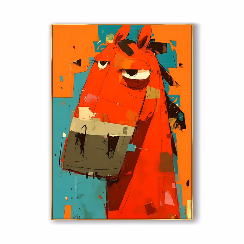 a large vertical graphic painting of a stylized horse head in bright red with heavy-lidded eyes and an olive-gray muzzle, set on a flat orange ground with teal blocks behind it, in matte hand-painted acrylic