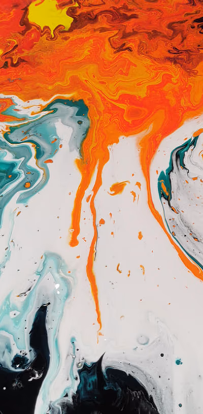 The finished pour: orange, teal and black pigment marbled across a white ground
