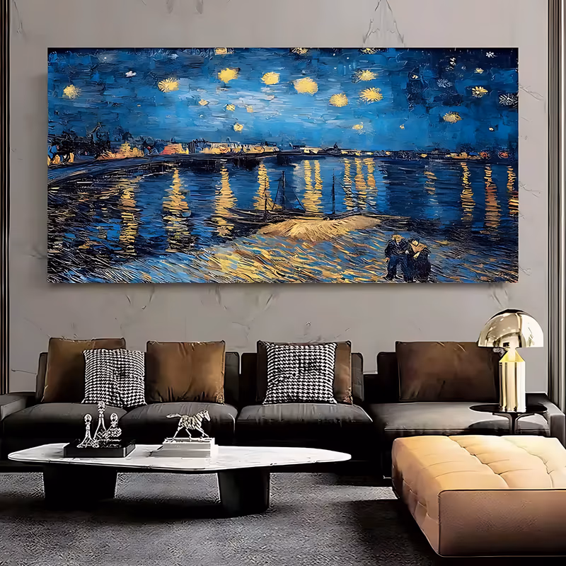 a wide panoramic impressionist painting of a starry night sky in deep blue over a river, yellow gaslight reflections streaming down the water and a couple standing on the near bank, in heavy impasto